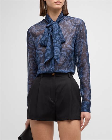 Versace Mesh Metal Silk Georgette Button Down Blouse